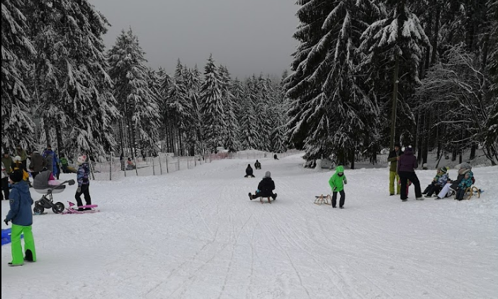 Skilift Oberhof umgeben von schneebedeckten Bäumen